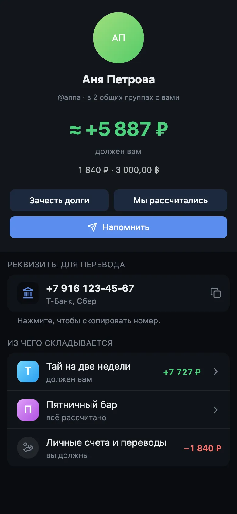 Карточка человека с разбивкой долга